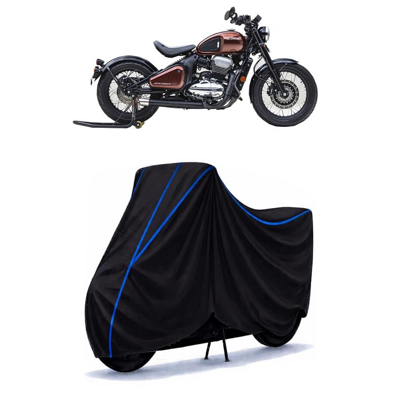 Image of Jawa 42 Bobber Bike Cover Water Resistant Universal Motorcycle Rain | Heavy Duty UV Protection, Dust, Scratch Indoor Outdoor All Weather with Black Blue Piping Elastic