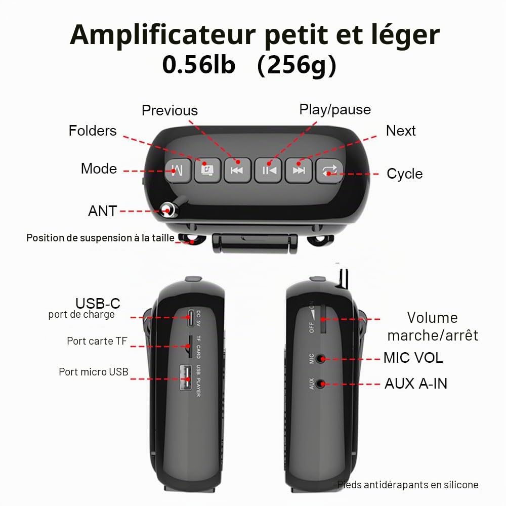 Norwii Mini amplificateur de Voix Portable Rechargeable Bluetooth 4000 mAh avec Microphone avec câble Casque et Ceinture, système PA amplificateur de Voix Personnel pour Enseignants, Guides