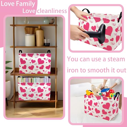 Image of Pink Valentines Day Basket for Kids Heart Shaped Storage Box for Gifts Empty Fabric Storage Bins Rectangular Toy Organizer with Handles Room Decor (Large Love)