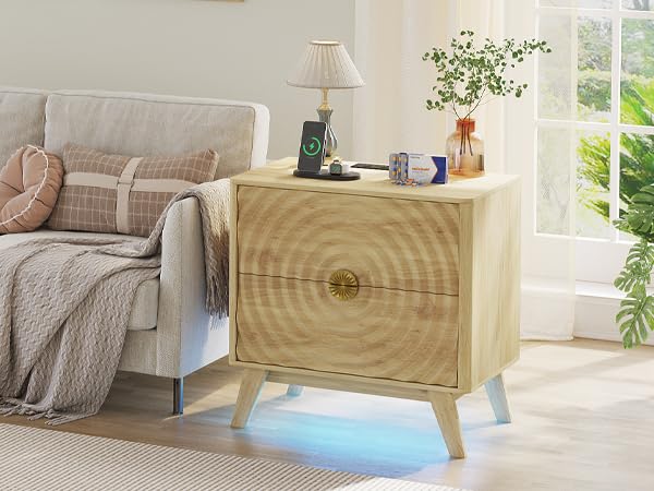 Gurexl Ripple Bedside Tables with 2 Power Outlet,Bedside Cabinet with Human Sensor,LED Nightstand with 3 Color Lights for Bedroom,Living Room,Natural