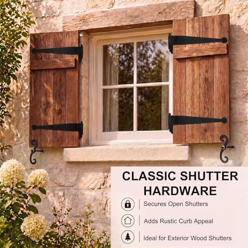 Image of 6 Pack (3 Pair) Steel Blind Shutter Hinges Set 11.75 inch Black Wrought Iron Shutter Offset Pintle Strap Hinge with 2 S-Hooks, Heavy-Duty Rust-Resistant Hardware Kit