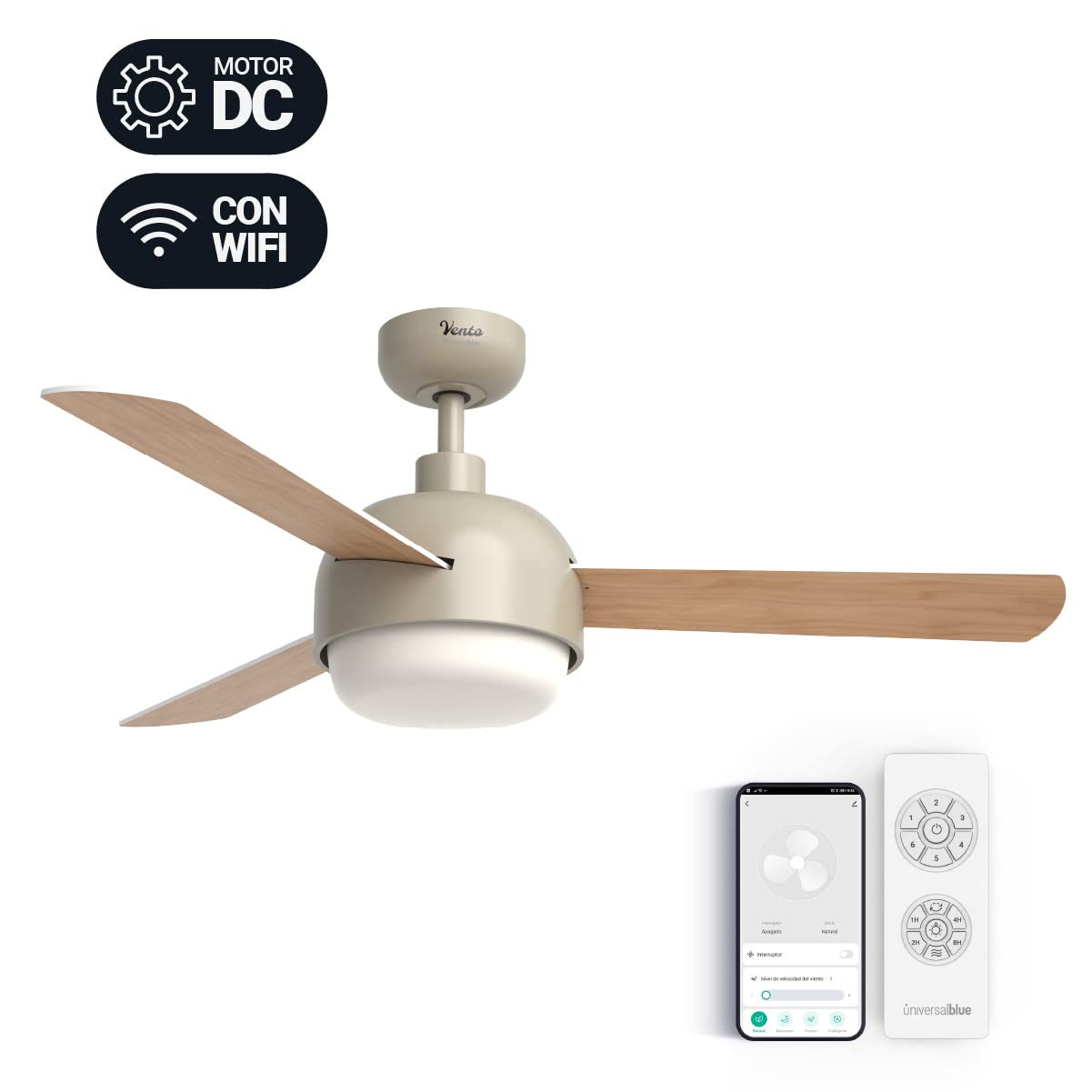 UNIVERSALBLUE Ventilador de techo con luz LED y WiFi | Color crema | Silencioso con Motor DC | Control por App, Alexa, Google Assistant y mando a distancia | 6 Velocidades | Aspas Reversibles