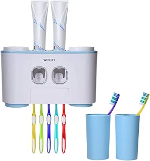 Wrewing Toothbrush Holder Multi-Function Wall-Mounted Automatic Toothpaste Dispenser and Dust-Proof Toothbrush Holder with 5 Brush Slots 4 Cups 2 Automatic Toothpaste Dispensers 1 Storage Slot (Blue) - coolthings.us