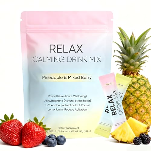 Relax Calming Drink Natural Calm Powder Drink with L-Theanine Ashwagandha and Kava Sugar Free Calm Supplement for Relax & Natural Relieve Stress Non GMO Pineapple & Mixed Berry 30 Packets (1)