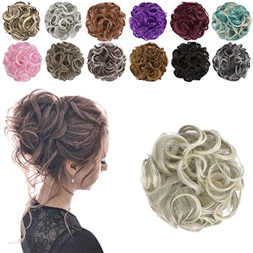 ELAINE Hair Buns Hair Piece Messy Tousled Wavy Curly Scrunchies Wrap Ponytail Extensions with Elastic Rubber Band Synthetic Donut Updo Hairpieces for Women Girls (Pepper Tip Blonde)