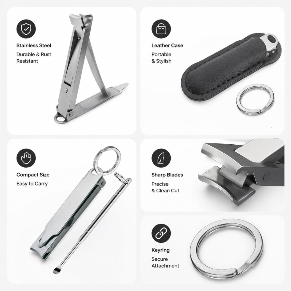Portable Ultra Thin Nail Clippers for Fingernail and Toenails, Stainless Steel Foldable Keychain Nail Cutter with Ear Pick and Case, Slim Travel Design for Men Women Adult