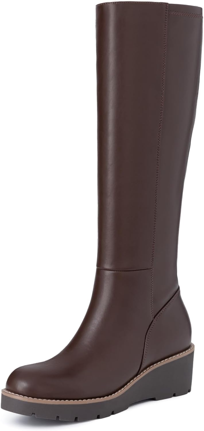 Athlefit Women's Knee High Boots Wedge Platform Comfortable Tall Long Boots with Side Zipper