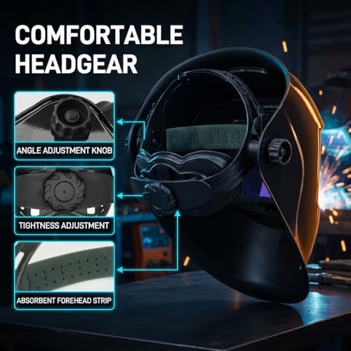 Image of WHA100 Auto Darkening Welding Helmet-CE EN175 Certification-Solar&Battery Power-4 Sensors, 0.04ms Response Time-Optical Grade 1 /1 /1 /2-True Color Wide View Screen-Shade 8-12 for SMAW, MIG, TIG, GTAW