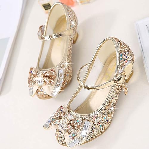 Yoawdats Girls Toddler Dress Shoes Sparkly Ruby Bowkno Flowert Wedding Party Bridesmaids Low Heel Princess Shoes for Kids (Gold, 18.7 cm)2