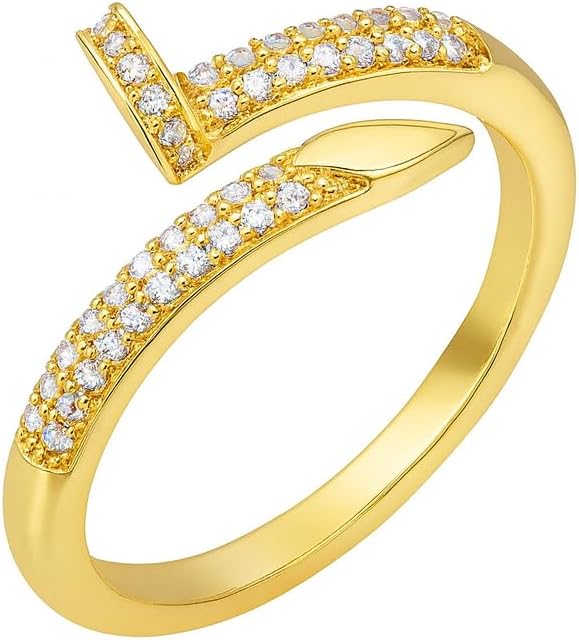 Nail Ring, Adjustable Gold Plated with Cubic Zirconia – Elegant Open Band Fashion Jewelry for Women