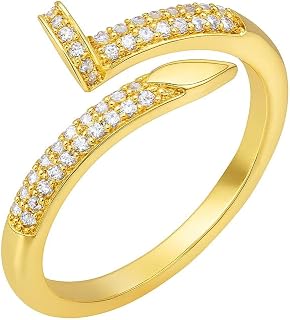 Nail Ring, Adjustable Gold Plated with Cubic Zirconia – Elegant Open Band Fashion Jewelry for Women