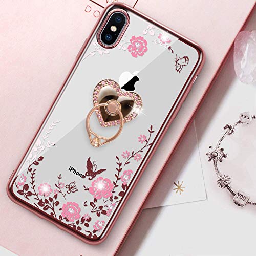 Design For Iphone Xs Max Case,Watache Glitter Sparkly Diamond Secret Garden Floral Butterfly Clear Back Soft Tpu Case With Bling Shiny Rhinestone Ring Grip Holder Stand For Iphone Xs Max (6.5") - Rose Gold #TOP5