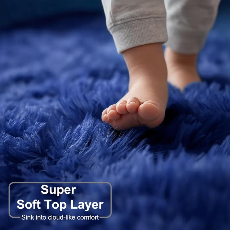 Image of Round Plain Fur Rugs Under Chair 4x4 Feet Royal Navy Blue