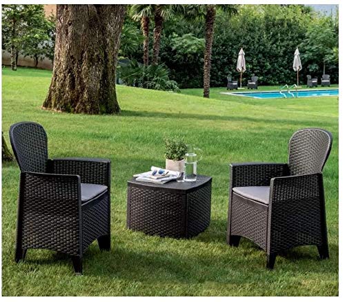 Dmora Ensemble de jardin avec coussins, 2 fauteuils et 1 table conteneur d'extérieur, Made in Italy, Couleur anthracite