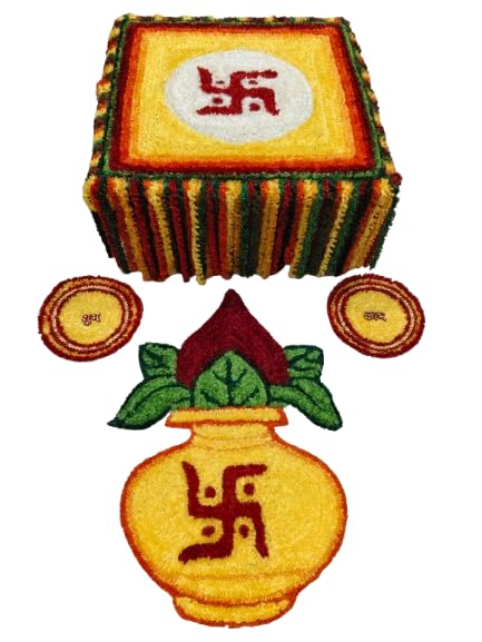 Woolen Decorative Foldable Chaurang Set | Chowki Aasan, Swastik, Kalash & Round Shubh Labh | Reusable Pooja Rangoli Mat for Temple, Home Entrance, Diwali & Festival Decoration.-image-48