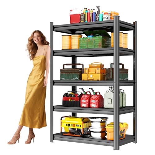 Bezuny Garage Shelving Heavy Duty, 5-Tier Adjustable Storage Shelves Unit, Shelf Organizer Storage, 2500 LBS Metal Utility Rack Shelf for Industries, Warehouses, Basement, Black