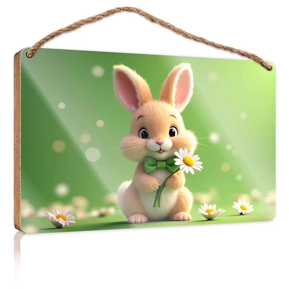 Wooden Decorative Plaque A Cute Bunny Holding Daisies. Office Decor For Wall Funny Porch Decorations(15X28CM)