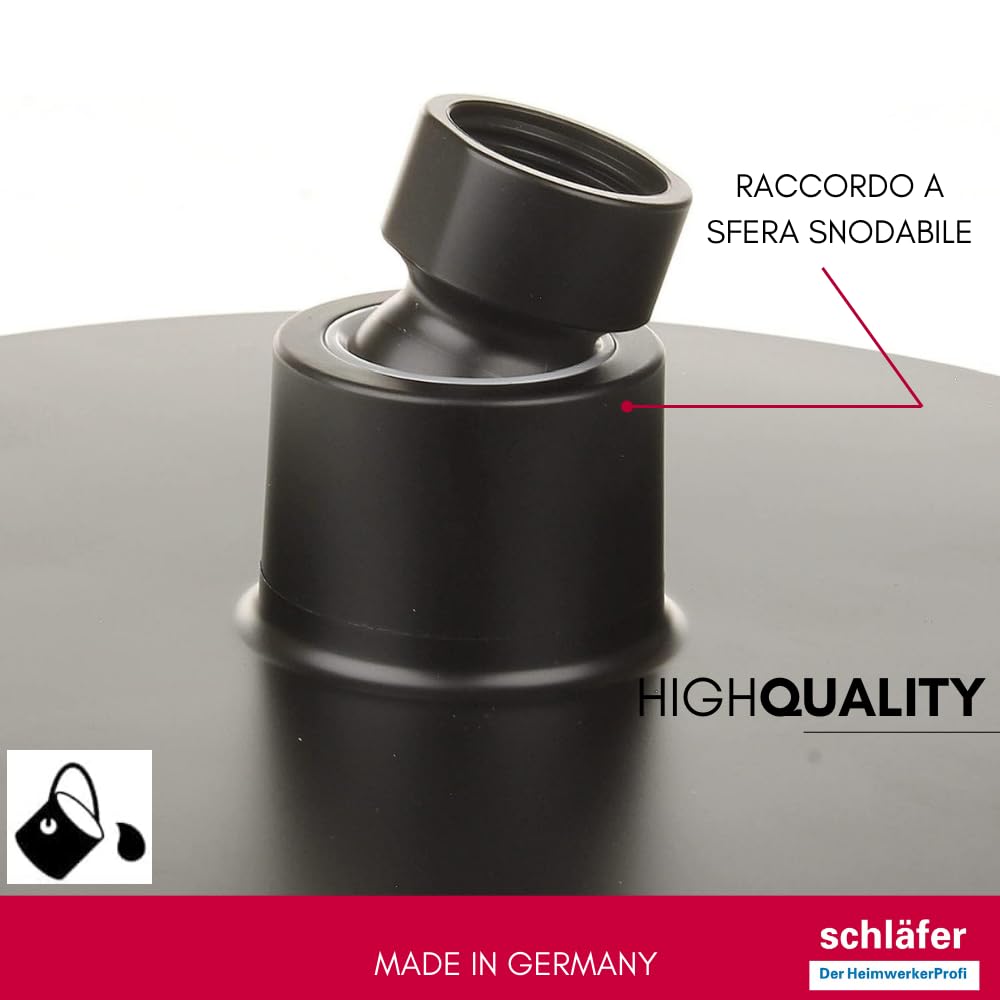 Schläfer 136000 | Soffione Doccia Nero Opaco, Tondo 20 cm a Pioggia Anticalcare ad Alta Pressione in Abs, Soffione per Cabina Doccia PureShower, Snodo Regolabile Universale G 1/2