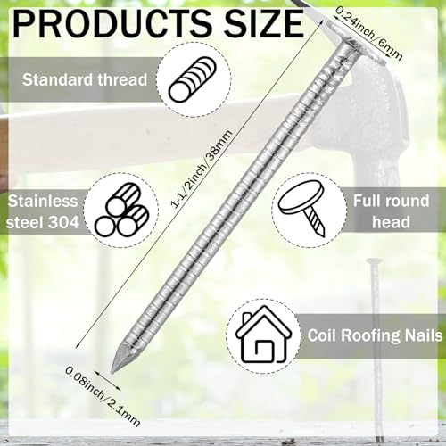 Tandefio 2 Pounds Box 1-3/4 Inch Siding Nails 304 Stainless Steel Roofing Nails Flat Head Hardware Nail Shingles Roofing Tile and Slating Nail for Wall, Siding, Hardware, Cedar Wood, Decking - Thumbnail 2
