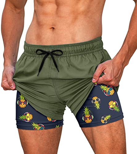 Cozople Men's Funny Bathing Suit Compreesion Lining Swim Trunks Boxer Brief Lined Pineapple Inner Print Board Shorts Army Green 2Xl #TOP8