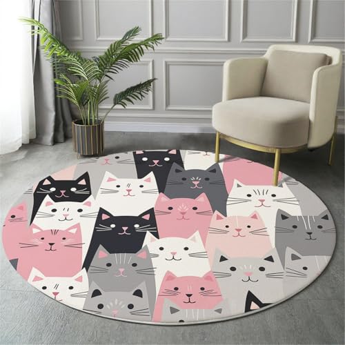 Tapis rond chat 80cm en velours rose grisâtre antidérapant