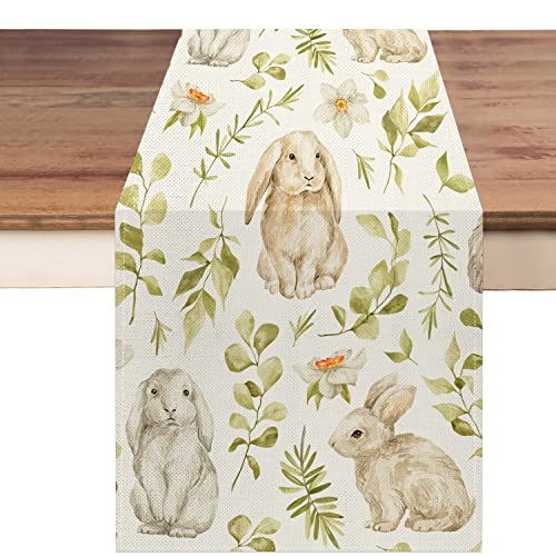 Easter Rabbits Table Runner 13X72 Inch,Bunny With Flowers Table Decors For Seasonal Spring Farmhouse Home Kitchen Dining Party 13X72 Inch #TOP18