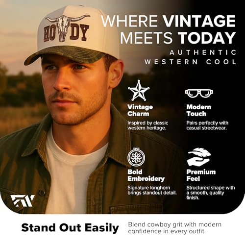 Image of Country Trucker Hat - Western Snapback Baseball Cap - Vintage Embroidered Hat for Men & Women