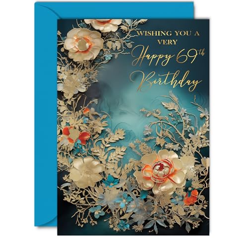 美しいゴールド 69歳の誕生日カード レディース メンズ - 素晴らしいゴールデンフラワー - エレガントで伝統的なかわいいバースデーカード 69歳の女性 男性 彼女の彼、5x7インチ ゴージャスなグリーティングカードギフト