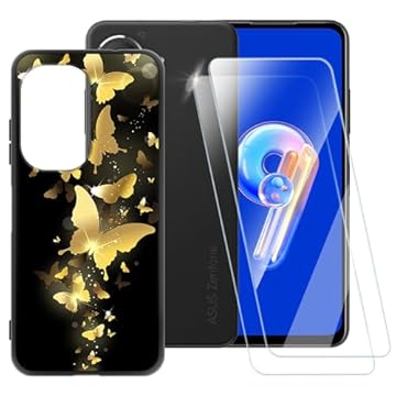 ESACMOT Capa com estampa de borboleta dourada compatível com Asus ZenFone 10 + [2 unidades] Protetor de tela de vidro temperado, capa à prova de choque para Asus ZenFone 10z (5,9 polegadas)