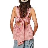 Gingham Peplum Tank Top for Women Y2K Sleeveless Square Neck Babydoll Tops Bow Tie Back Vest Shirt Summer Cute Going Out Top Red Plaid