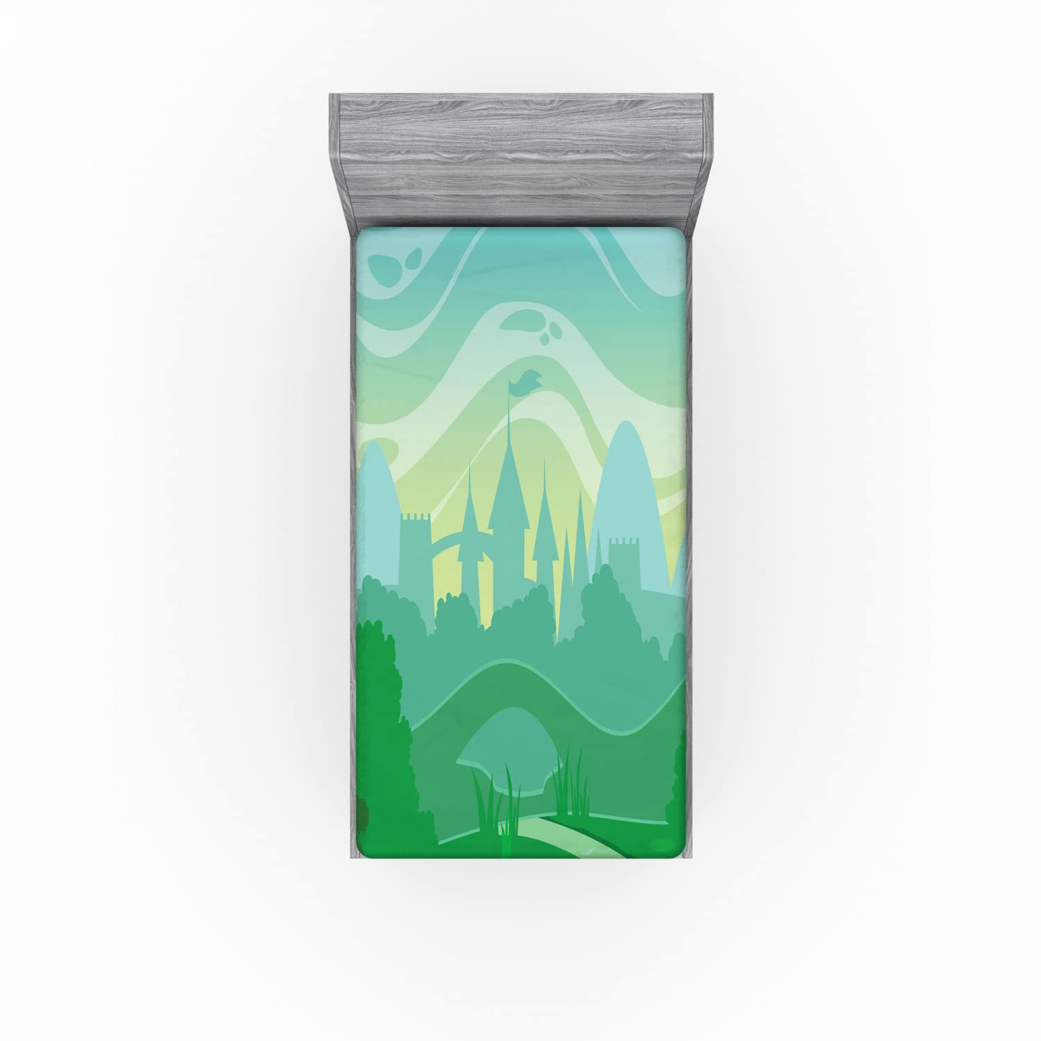 Ambesonne Cartoon 2 Pack Fitted Sheet, Fantasy Morning, Bed Cover All-Round Elastic Deep Pockets 2 Pieces, Package Contains 2 Twin Size Fitted Sheets, Pale Green Fern Green