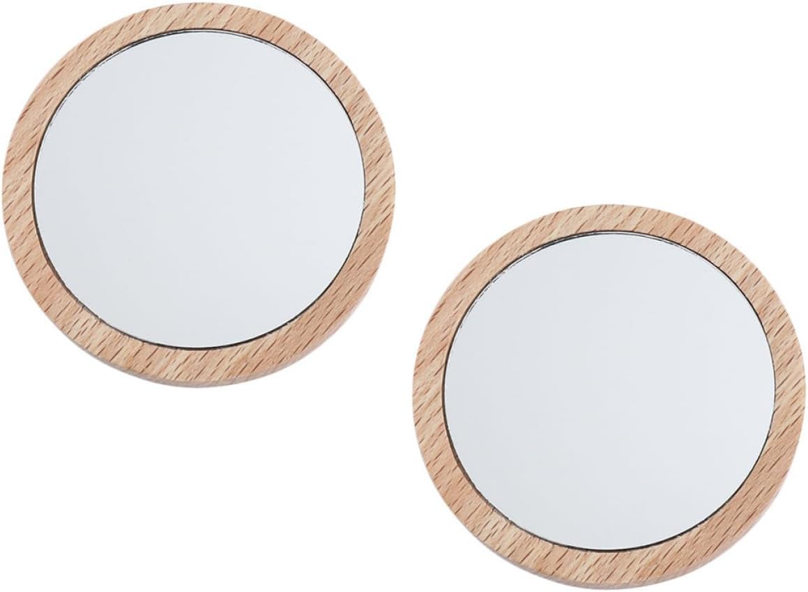 VICASKY 2pcs Small Round Travel Cosmetic Mirrors 7.5cm Wood Makeup Mirrors Set with Beech and Nan Frames Portable Pocket Compact for On-the-go Use