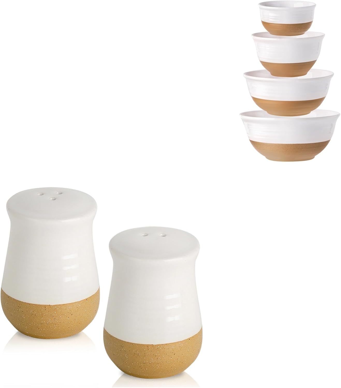 Hasense Ceramic Salt Shakers & Mixing Bowls Set, White Farmhouse Kitchen Decor