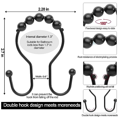 Miaoshoutao Shower Curtain Hooks, Shower Curtain Rings Rust Proof, Double Shower Curtain Hooks Balance Sliding Anti-Drop, Shower Hooks For Shower Curtain 12 Pcs (Black) #TOP2