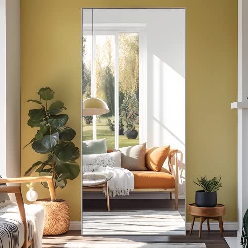 Image of NeuType 71 inchx32 inch Large Full Length Mirror Home Gym Mirror Aluminum Alloy Frame Floor Mirror Wall-Mounted Mirror for Living Room, Bedroom, Hanging or Leaning Against Wall, Sand Gray, No Stand