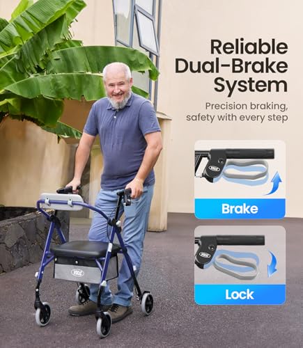Image of VOCIC Z11 Rollator Walker for Seniors with Seat, 380 LBS | Lightweight Design with Ergo Seat & Backrest, Height Adjustable & Easily Foldable for Seniors' Mobility, Blue