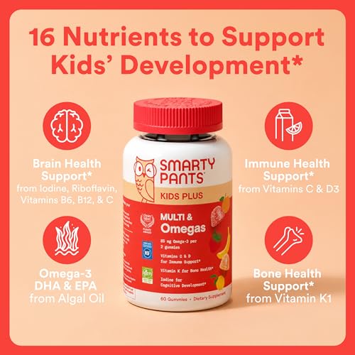 Image of SmartyPants Kids Multivitamin Gummies, Omega 3 (DHA /EPA), Vitamins D3, C, B12, B6, Vitamin A, K & Zinc, Gluten Free, Three Fruit Flavors, 80 Count (40 Day Supply)