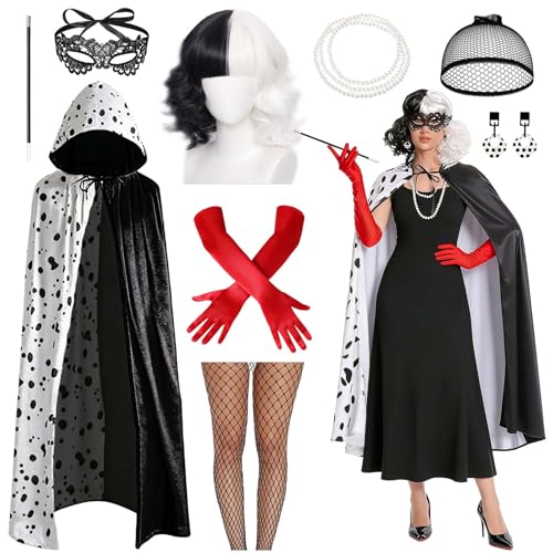 Bild: Ligtmor Cruella Devil Kost�m Damen schwarz wei� Cruella Kost�m Damen Set mit Per�cke Handschuhe Perlenkette und Dekostab, f�r Karneval Fasching Cosplay Maskerade f�r 18,99 EUR (-17%) statt 22,99 EUR bei amazon.de