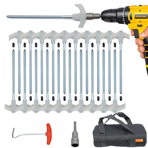 Keovoker 12 Pack Screw in Tent Stakes Heavy Duty-8” Metal Pegs for Ground, Drill in Camping Stake with Hex Head Driver, Spikes Puller, Protector in Carrying Bag, for Xmars Decor, Hiking, Glow in Dark