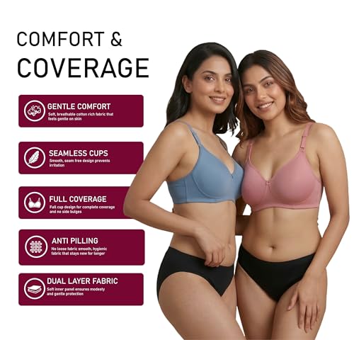 Image of Women's Pure Cotton Blend Lightly Padded Bra (Pack of 3) | Full Coverage Wirefree T-Shirt Bra | Soft Breathable Everyday Bra | Adjustable Straps | Comfortable Multicolor Bra