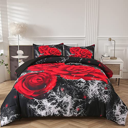 Djoymock Red Floral Comforter Set Queen Rose Pattern Lightweight Printed Down Alternative 3 Pieces Romantic Love Soft Microfiber Bedding Set For All Seasons 90"X90" #TOP5