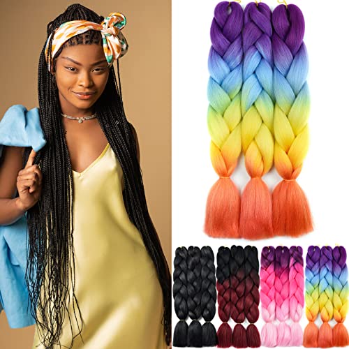 Yamel Ombre Kanekalon Braiding Hair 3 Packs Synthetic Hair Extensions for Braiding Crochet Twist Box Braids 24 Inch 4 Tone Ombre Purple Blue Yellow Orange Jumbo Braiding Hair
