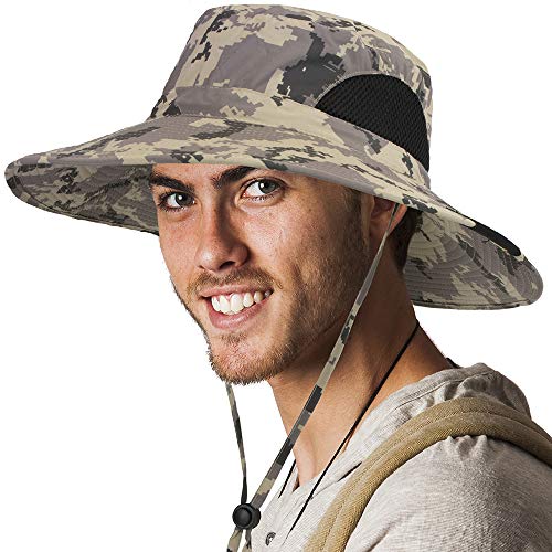 SUN CUBE Fishing Hat Sun Hat for Men, Women | Hiking Sun Hat with Wide Brim, Adjustable Chin Strap | Safari Summer Bucket Sun Hat | Outdoor Boonie Cap, UPF 50+ Protection, Packable Mesh (Camo Grey)