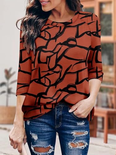 KISSMODA Tunic Tops for Women Loose Fit Dressy Round Neck Pleated 3/4 Length Sleeve Spring Tops