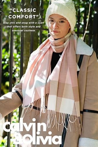 CALVIN & OLIVIA Super Soft Cashmere-Like Touch Lightweight Scarf – Cozy Winter Accessory & Perfect Holiday Gift for Men & Women - Pink White Check - Thumbnail 4
