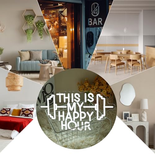 Image of This Is My Happy Hour Neon Sign for Wall Decor, Dimmable White Gym Neon light, Letter Fitness Led Signs for Sports Room, Party Bar,Fitness Club Wall Decor