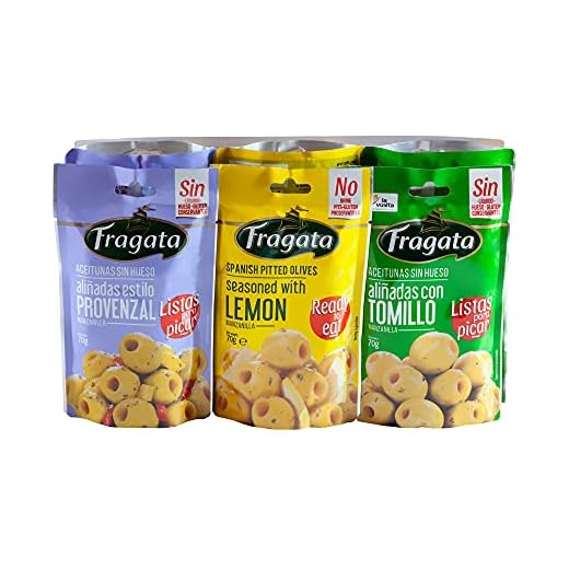 Fragata - Surtido de aceitunas verdes sin hueso aliñadas con aceite de oliva, manzanilla, ajo, tomillo, pimiento rojo, pimiento amarillo y limón - Pack 6 x 70g