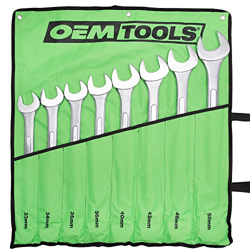 OEMTOOLS 22121 Jumbo Combination Wrench Set, Metric, 8 Piece (33 mm to 50 mm) | Box End & Offset Open End Combination Wrenches | Automobile Repair and Home Use | Green Canvas Tool Roll Included