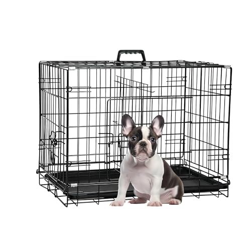 BestPet Dog Crate Dog Cage Pet Crate Folding Metal 24 Inch Pet Cage Double Door W/Divider Panel Wire Animal Cage Dog Kennel Leak-Proof Plastic Tray
