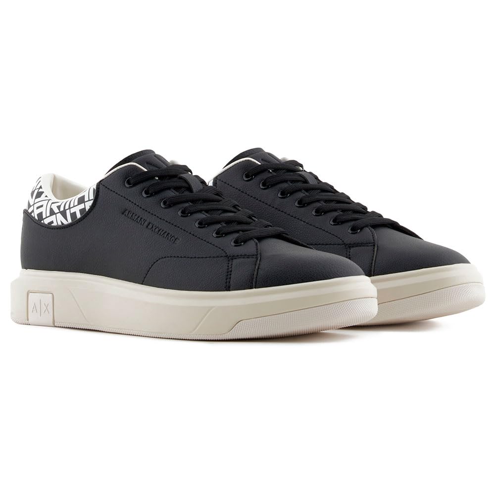 Armani Exchange ActionLeather,sidelogo,laceup, MAN Sneaker, BLACK+OFF WHITE, 9.5 UK